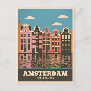 Vintage Travel Amsterdam Niederlande Canal Houses Postkarte