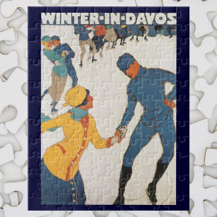 Vintage Travel, Art Deco, Winter Davos Schweiz Puzzle