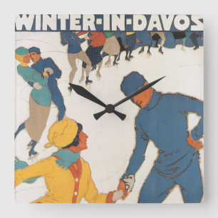 Vintage Travel, Art Deco, Winter Davos Schweiz Quadratische Wanduhr