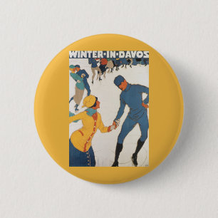 Vintage Travel, Art Deco, Winter Davos Switzerland Button