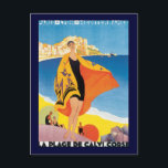 Vintage Travel, Beach Vacation at Calvi, Korsika Postkarte<br><div class="desc">Vintage Illustration Travel Poster mit einer wunderschönen Dame,  die einen Anzug trägt,  hat sie ein Handtuch über sich gezogen. Sie ist auf dem Sand und Strand in Calvi auf der französischen Insel Korsika im Mittelmeer. La Plage de Calvi Corse,  Paris - Lyon - Mittelmeer</div>