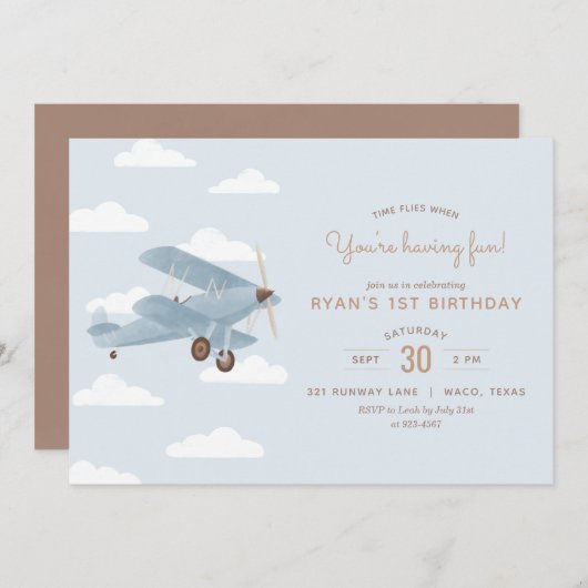 Vintage Travel Biplane Boy Geburtstagsparty Einladung (Vorne/Hinten)