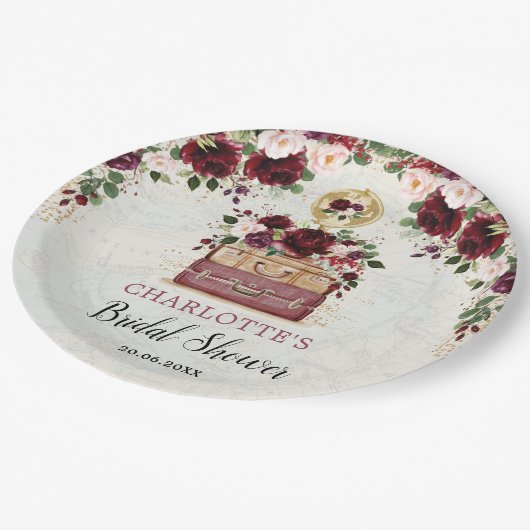 Vintage Travel Burgundy Blush Brautparty Pappteller (Schrägansicht)