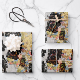 Vintage Travel Camera Muster Geschenkpapier Set