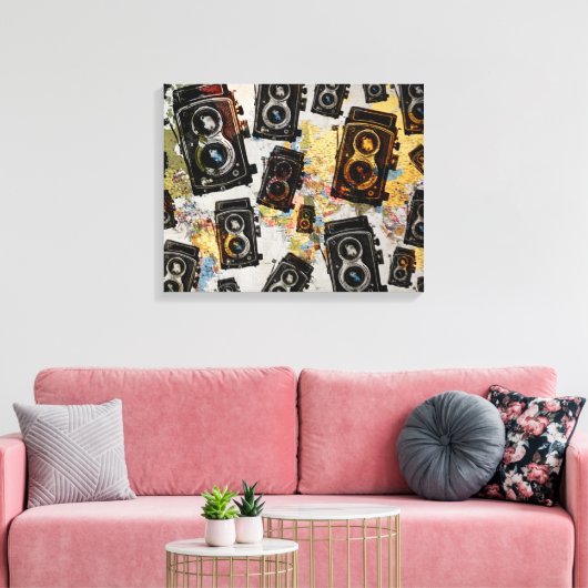Vintage Travel Camera Muster Leinwanddruck (Insitu (Wohnzimmer))