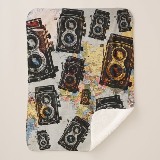Vintage Travel Camera Muster Sherpadecke (Vorderseite)