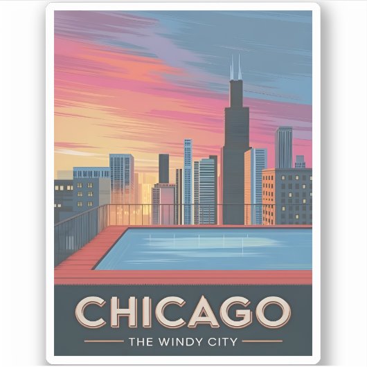 Vintage Travel Chicago Sunset Skyline City Aufkleber (Vorderseite)