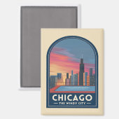 Vintage Travel Chicago Sunset Skyline Cityscape Magnet (Vorderseite/Rückseite)