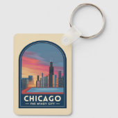 Vintage Travel Chicago Sunset Skyline Cityscape Schlüsselanhänger (Rückseite)
