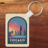 Vintage Travel Chicago Sunset Skyline Cityscape Schlüsselanhänger (Rückseite)