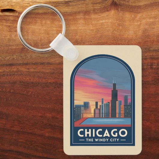 Vintage Travel Chicago Sunset Skyline Cityscape Schlüsselanhänger (Vorderseite)