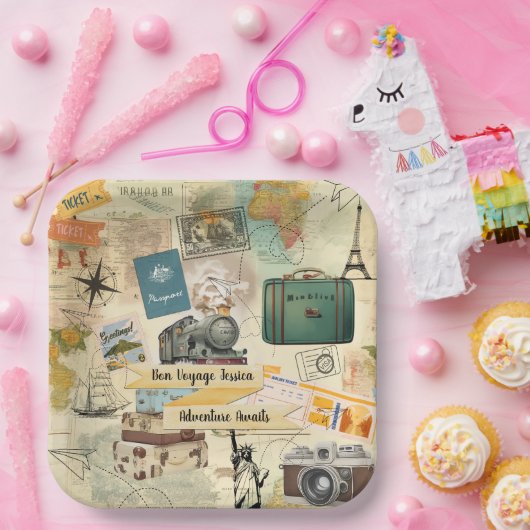 Vintage Travel Collage Pappteller (Party)
