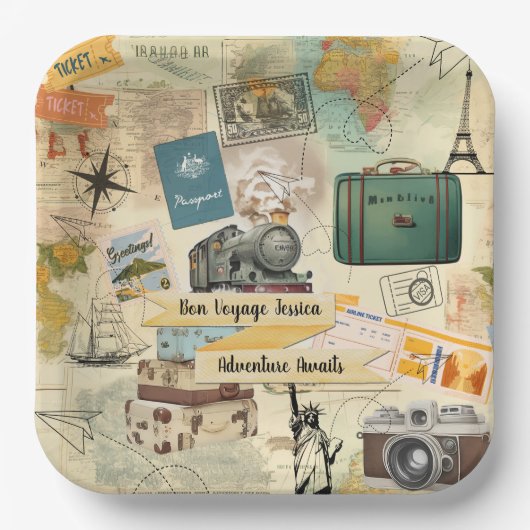 Vintage Travel Collage Pappteller (Vorderseite)