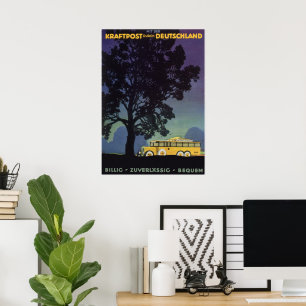 Vintage Travel, Deutschland, Gelber Bus bei Nacht Poster