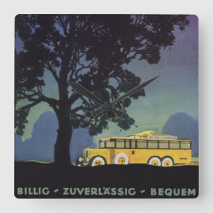 Vintage Travel, Deutschland, Gelber Bus bei Nacht Quadratische Wanduhr
