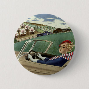 Vintage Travel, elegante Frau im Cabrio Button