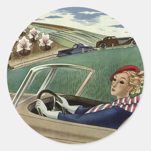 Vintage Travel, elegante Frau im Cabrio Runder Aufkleber (Vorderseite)