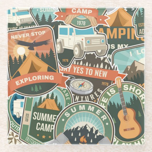 Vintage Travel Explorer-Muster Glasuntersetzer (Vorderseite)