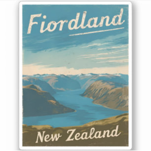 Vintage Travel Fiordland New Zealand Retro Scenic Aufkleber