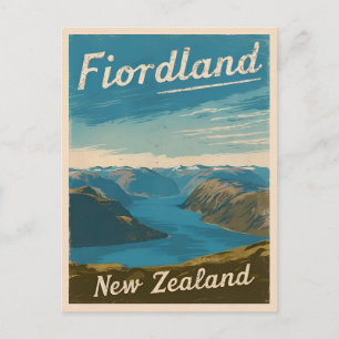 Vintage Travel Fiordland New Zealand Retro Scenic Postkarte
