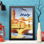 Vintage Travel Florenz Firenze Italien Brücke Flus Poster<br><div class="desc">Vintage Abbildung des europäischen Reiseplakats oder Gepäcklabels aus Florenz,  Florenz,  Italien mit dem Uhrturm des Palazzo Vecchio (Rathaus) und einem Flugzeug,  das in den Himmel fliegt. Ein Mann rudert ein Boot unter einer Brücke in einem Kanal. Die wunderschöne Architektur der städtischen Gebäude ist im Hintergrund.</div>