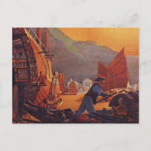 Vintage Travel, Flugzeug Over Junks in Hongkong Postkarte