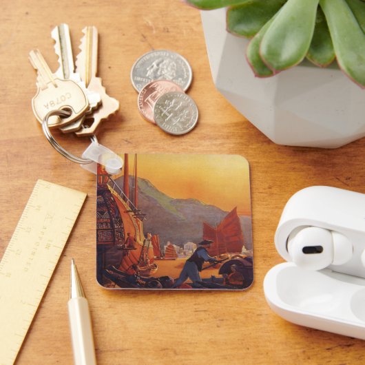 Vintage Travel, Flugzeug Over Junks in Hongkong Schlüsselanhänger (Schreibtisch)