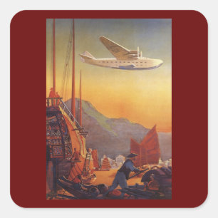 Vintage Travel, Flugzeug über Dschunken in Hongkon Quadratischer Aufkleber
