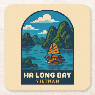 Vintage Travel Ha Long Bay Vietnam Retro Landschaf Rechteckiger Pappuntersetzer