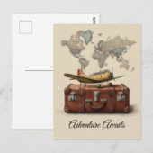 Vintage Travel Illustration mit Flugzeug Postkarte (Vorne/Hinten)