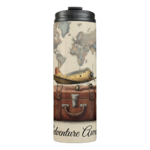 Vintage Travel Illustration mit Flugzeug Thermosbecher