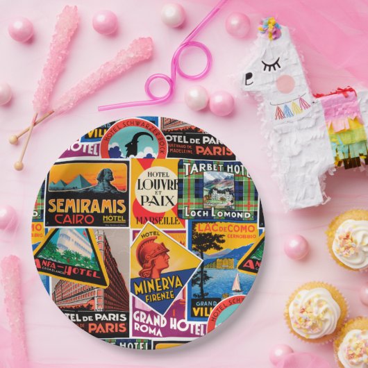 Vintage Travel Labels Pappteller (Party)