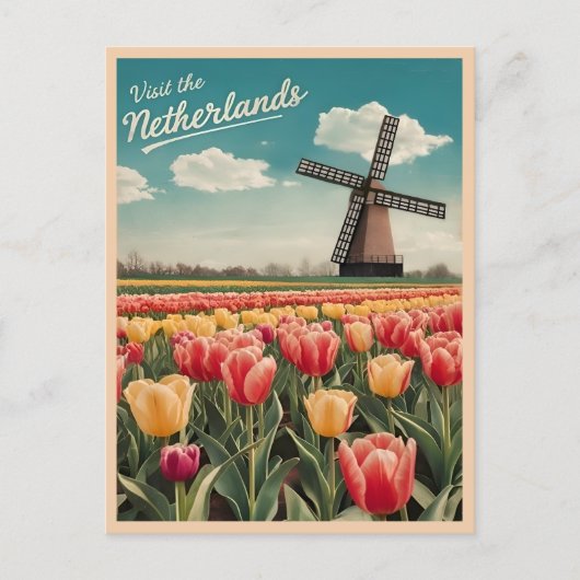 Vintage Travel Netherlands Tulips Retro Landschaft Postkarte (Vorderseite)