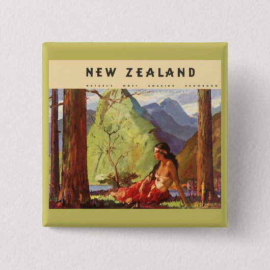 Vintage Travel, Neuseeland Landschaft Mutterfrau Button (Vorderseite)