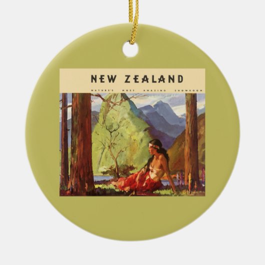 Vintage Travel, Neuseeland Landschaft Mutterfrau Keramik Ornament (Vorne)