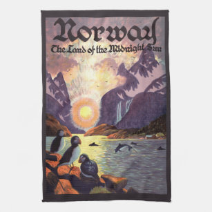 Vintage Travel, Norwegen Fjord Land Midnight Sun Geschirrtuch