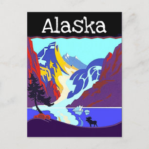 Vintage Travel Poster Alaska Moose Mountains PCs Feiertagspostkarte