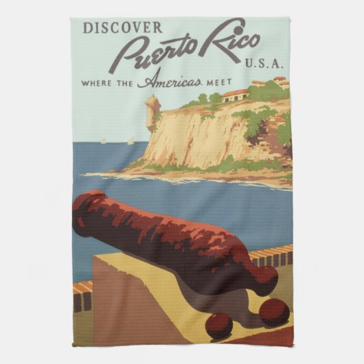Vintage Travel Poster Art, Entdecken Sie Puerto Ri Geschirrtuch (Vertikal)