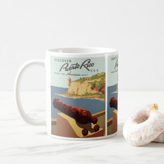 Vintage Travel Poster Art, Entdecken Sie Puerto Ri Kaffeetasse (Mit Donut)