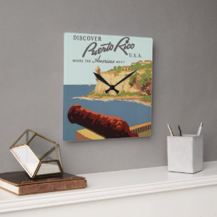 Vintage Travel Poster Art, Entdecken Sie Puerto Ri Quadratische Wanduhr