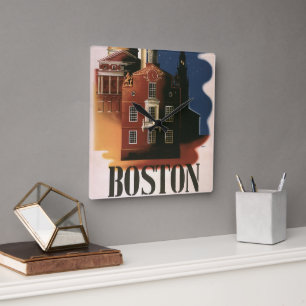Vintage Travel Poster aus Boston, Massachusetts Quadratische Wanduhr