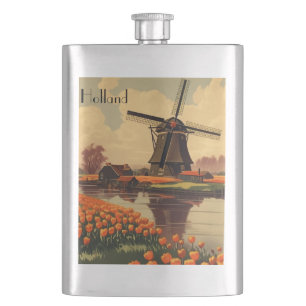 Vintage Travel Poster aus Holland, Tulpen und Mühl Flachmann