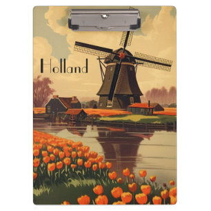 Vintage Travel Poster aus Holland, Tulpen und Mühl Klemmbrett