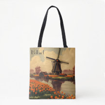 Vintage Travel Poster aus Holland, Tulpen und Mühl