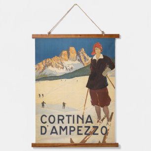 Vintage Travel Poster Cortina d'ampezzo, Italien Wandteppich Mit Holzrahmen