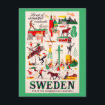 Vintage Travel Poster für Schweden Postkarte<br><div class="desc">Diese Postkarte ist eine Reproduktion eines altmodischen Reiseplakats für Schweden,  "Land der schönen Kontraste".</div>
