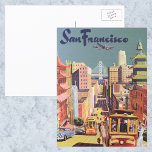 Vintage Travel Poster San Francisco Cable Cars Postkarte<br><div class="desc">Vintage illustration United States of America travel poster featuring San Francisco,  California with a view of the Bay Bridge and cable cars looking down California Street in China Town.</div>