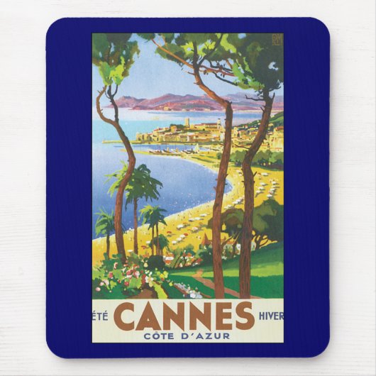 Vintage Travel Poster, Strand in Cannes, Frankreic Mousepad (Vorne)