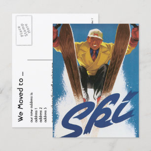 Vintage Travel, Ski Ski Ski Snow, Adresswechsel Ankündigungspostkarte