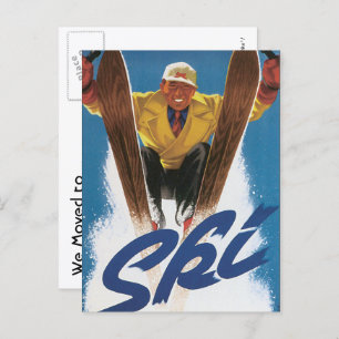 Vintage Travel, Skifahren Schnee, Adressenänderung Ankündigungspostkarte